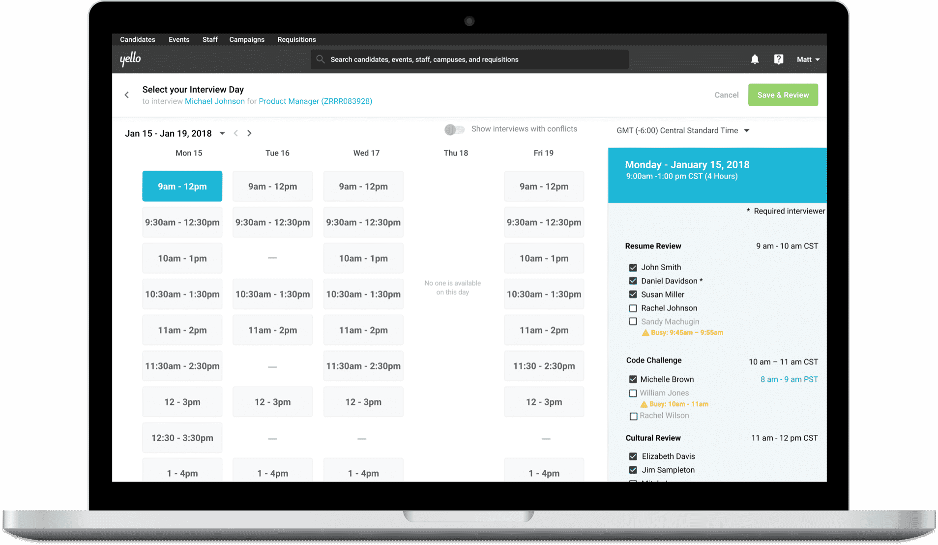Detailed screen of interview scheduling interface with date and timeslot module selected